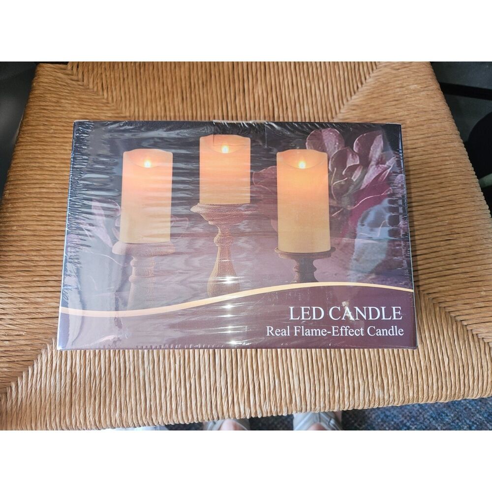 LED Off-white Pillar Candle Set of 3 Real-flame Flickering Remote NEW